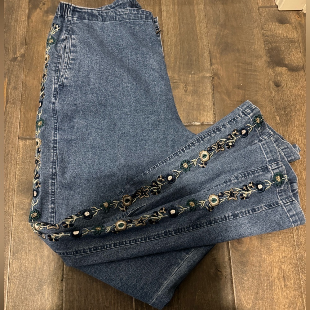 Denim & Co Embroidered Floral Jeans Blue Boho Festival Denim Pants L